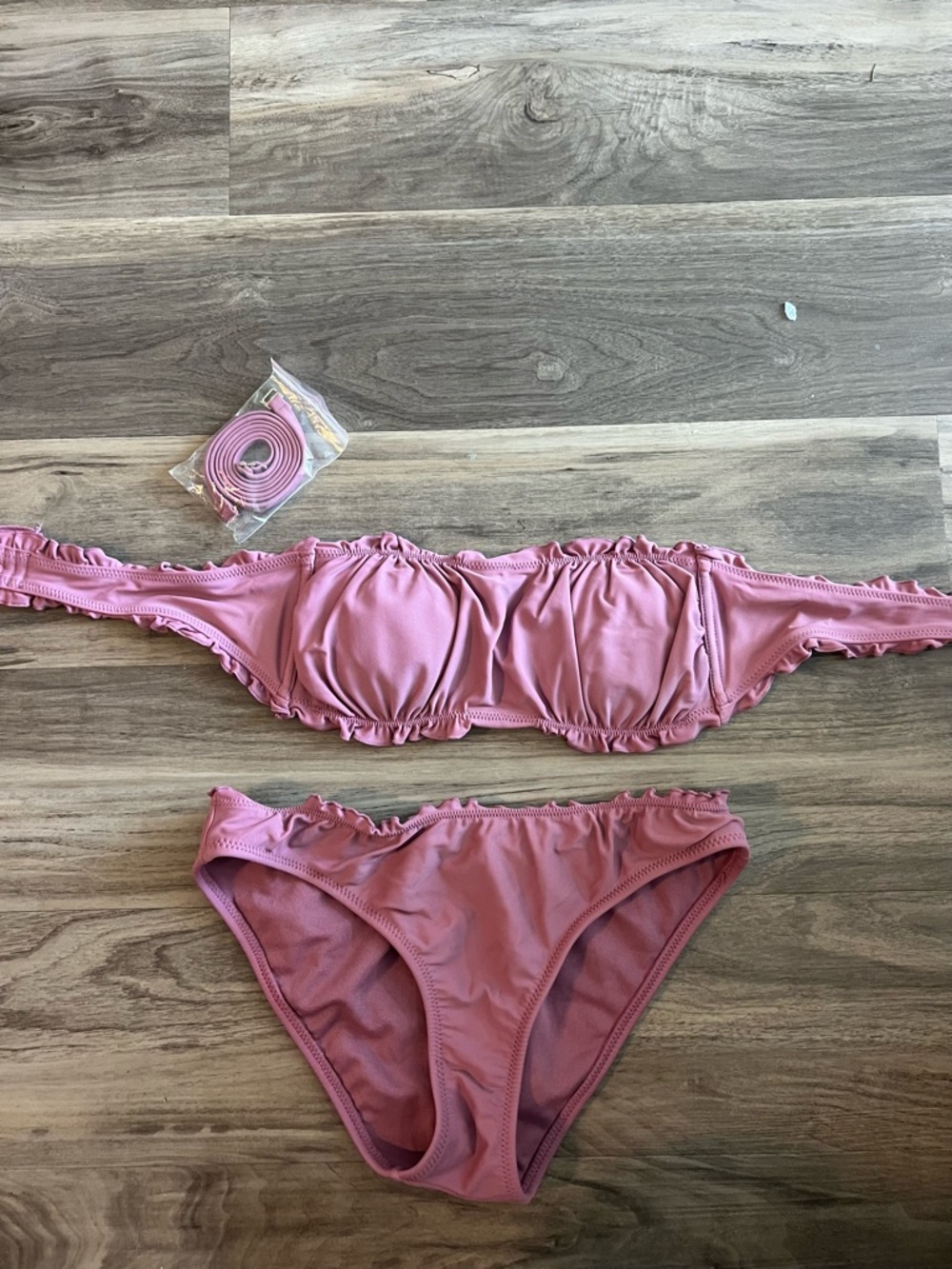 Xhilaration Mauve Pink Ruffle Bandeau Bikini Top and Bottom